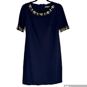 Eliza J size 4P 4 petite navy blue dress jeweled neckline shift rhinestones
